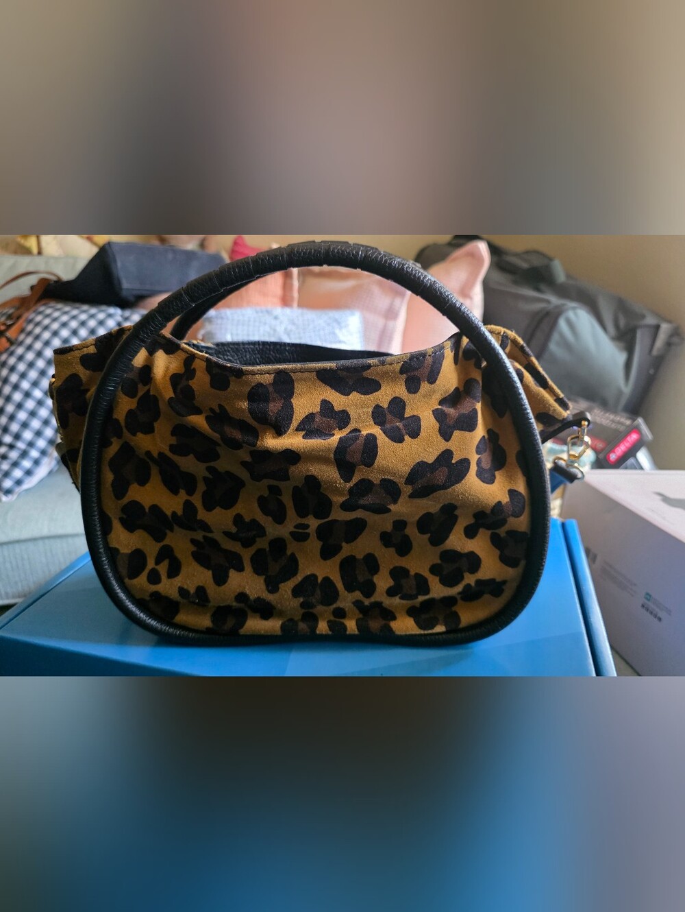 Leopard Print Suede Top-Handle Women’s Bag - Brown/Black